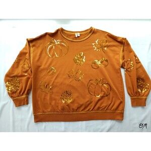 Cato XL Orange Fall Pumpkin Leaves Acorn Sequin Long Sleeve Shirt